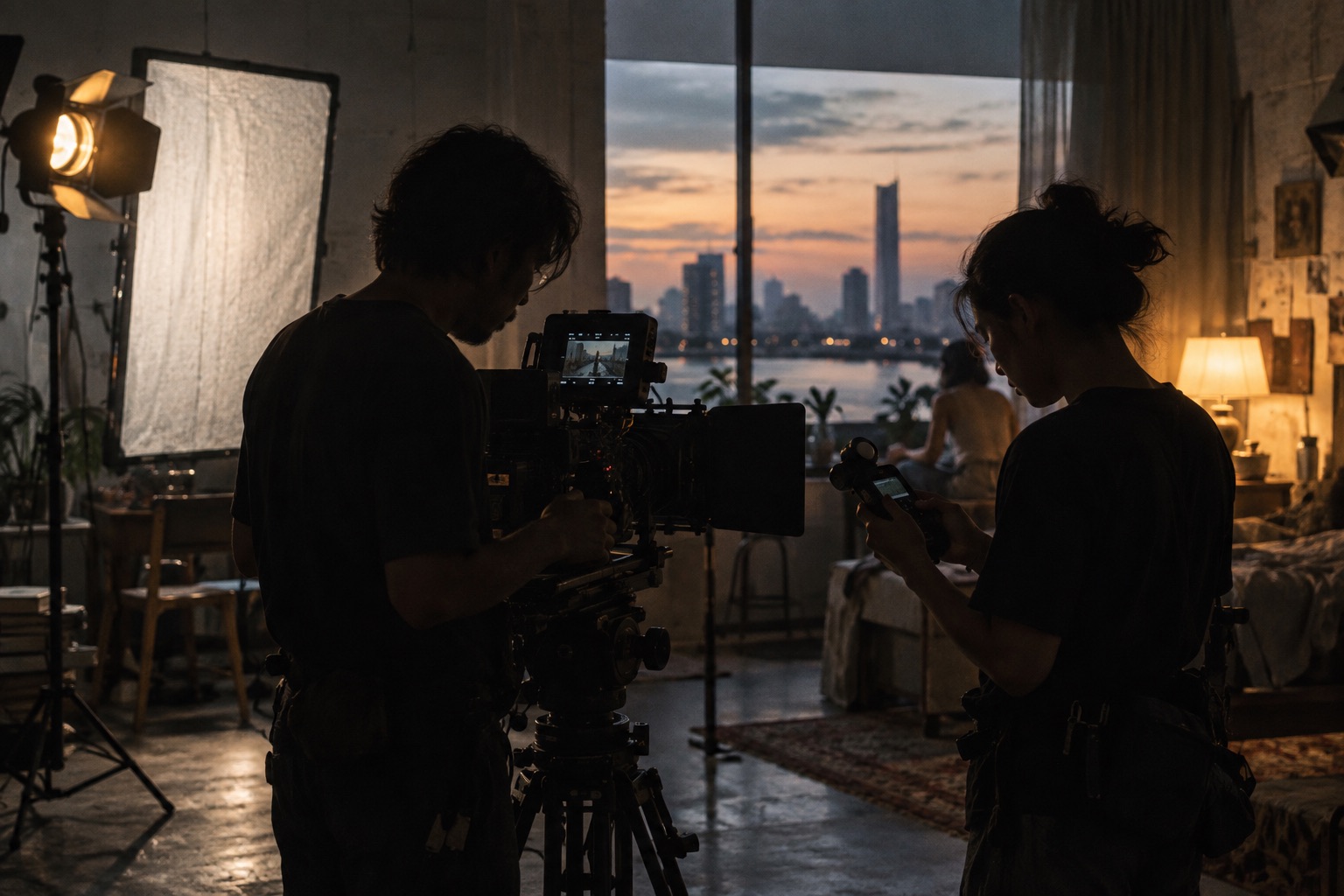 ภาพประกอบสร้างด้วย AI: ทีมกล้องเตรียมถ่ายทำในห้องช่วงพลบค่ำ